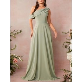 Elegant Mint Green One-Shoulder Chiffon Maxi Dress for Women - Sleeveless, Flowing Design with Ruched Detail, Perfect for Weddings, Parties, and Formal Events, Formal Event Attire|Ruched Detail Dress|Polyester Fabric