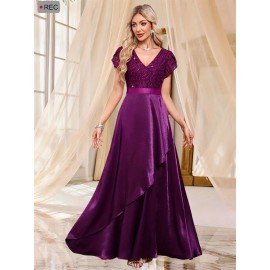Elegant Purple Sequin Lace-Trimmed V-Neck Gown with Ruffle Sleeves and Flowing Skirt - Perfect for Formal Events, Formal Event Attire|Sequin Embellished Dress|Lace Trim Detail, Elegant Party Dress For Women, Elegant Dress For Women, Elegant Woman'S Dress