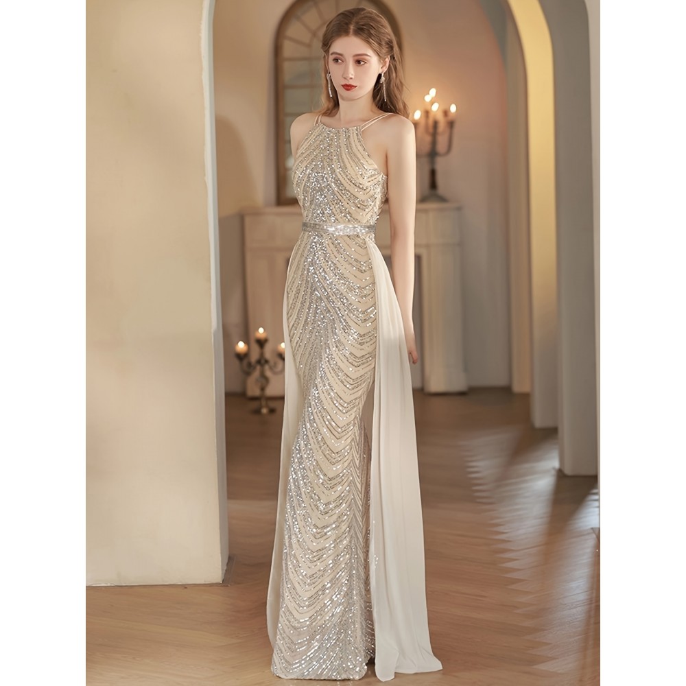Women's Elegant Champagne Evening Gown - Formal Party Wedding Dress with Sequin Skirt, Mermaid-like Fishtail Train, for Prom, Galas, Hosting Events - Luxury Glamour Dress