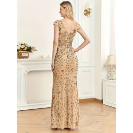 New European and Middle Eastern Style Sequined Champagne Evening Dress, Sexy Slim-Fit Mermaid Long Gown for Women