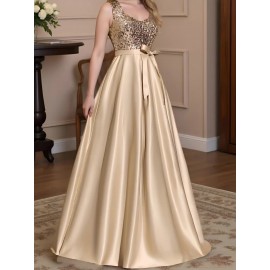 A formal evening gown with champagne colored elegant party sequins spliced high slit to the thigh back, a fashionable French wedding dress, suitable for party dinners/music performances/speech occasions, long dresses