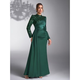 Emerald Green Sequin & Beaded Long Sleeve Bridesmaid Gown - Elegant Stand Collar Evening Dress for Weddings, Prom, Formal Events - All-Season Polyester Evening Dress for Women, Wedding Guest Attire | Sophisticated Bridesmaid Dress | Sequin Embellishments