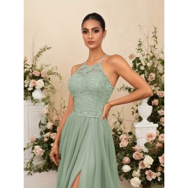 Elegant Blue Lace-Trimmed Maxi Dress with High Slit - Sleeveless, Flowing Design for Weddings, Proms & Formal Events, Perfect for Showcasing Fashionable Style, Formal Event Attire|Sleek Fitted Top|Lace Trim Detail