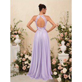 Elegant Blue Lace-Trimmed Maxi Dress with High Slit - Sleeveless, Flowing Design for Weddings, Proms & Formal Events, Perfect for Showcasing Fashionable Style, Formal Event Attire|Sleek Fitted Top|Lace Trim Detail