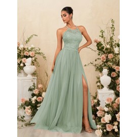 Elegant Blue Lace-Trimmed Maxi Dress with High Slit - Sleeveless, Flowing Design for Weddings, Proms & Formal Events, Perfect for Showcasing Fashionable Style, Formal Event Attire|Sleek Fitted Top|Lace Trim Detail