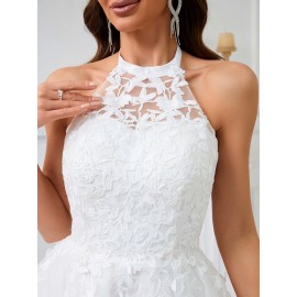 [Elegant Wedding Dress] Elegant Lace Women's Wedding Dress | Sleeveless A-Line Flared Skirt with Round Neck, Built-In Chest Pads & Hand Washable Design for Bridal & Formal Events