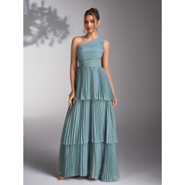 Elegant Mint Green Bridesmaid Evening Gown with Asymmetrical Neckline & Tiered Ruffled Skirt - Sleeveless A-Line Wedding Dress for Women, Perfect for Weddings and Formal Events, Dresses for Wedding Guest, Wedding Guest Attire, Sophisticated Craftsmanship
