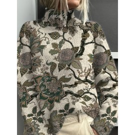 Elegant Floral Print High-Neck Sweater for Women - Chic Long Sleeve, Button-Up Front, Beige with Black & Brown Floral Design, Perfect for Fall & Winter, Autumn Winter Wear | Floral Print Top | Construction, Sweater Dress