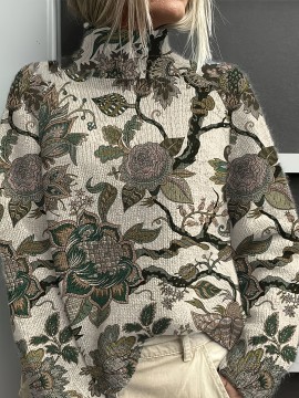 Elegant Floral Print High-Neck Sweater for Women - Chic Long Sleeve, Button-Up Front, Beige with Black & Brown Floral Design, Perfect for Fall & Winter, Autumn Winter Wear | Floral Print Top | Construction, Sweater Dress
