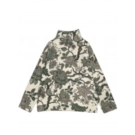 Elegant Floral Print High-Neck Sweater for Women - Chic Long Sleeve, Button-Up Front, Beige with Black & Brown Floral Design, Perfect for Fall & Winter, Autumn Winter Wear | Floral Print Top | Construction, Sweater Dress