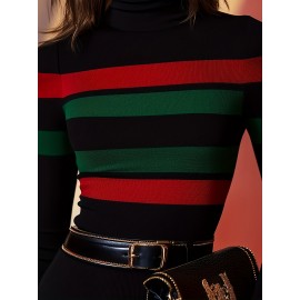 Women'S Bold Striped High-Neck Long Sleeve Crop Top - Vibrant Red & Green Stripes, Stretchy Fabric, Form-Fitting Design, Perfect for Casual or Stylish Outfits, Versatile Fashion Piece | Bold Striped Top | Construction, Crop Top Blouse