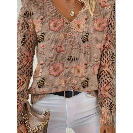 Elegant All-Season Bohemian Fashionable Versatile Pullover V Neck Long Sleeve Women's Top with Floral Pattern Flat Digital Print, Full-Piece Knitwear for Office Wear Street Style Home Outings