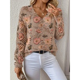 Elegant All-Season Bohemian Fashionable Versatile Pullover V Neck Long Sleeve Women's Top with Floral Pattern Flat Digital Print, Full-Piece Knitwear for Office Wear Street Style Home Outings