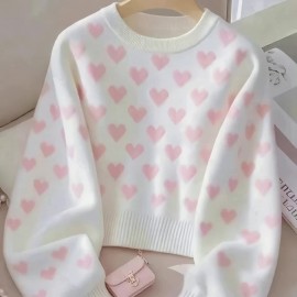 Women's Sweater - Soft Pink Heart pattern Sweater, Chic Crewneck Pullover for Everyday & Formal Outfits, All-Season Elegant Women's Sweater, Versatile Fashion, Sweet Aesthetic Top, Comfortable Fit, Durable Fabric