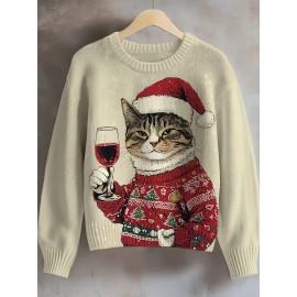 Women'S 3D Printed Cat & Wine Glass Sweater - Cozy Crew Neck, Long Sleeve, Festive Holiday Design with Santa Hat & Christmas Tree, Perfect for Fall & Winter, Holiday Sweater | Festive Cat Design | Construction, Cat Sweater