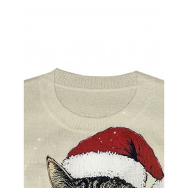 Women'S 3D Printed Cat & Wine Glass Sweater - Cozy Crew Neck, Long Sleeve, Festive Holiday Design with Santa Hat & Christmas Tree, Perfect for Fall & Winter, Holiday Sweater | Festive Cat Design | Construction, Cat Sweater