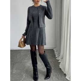 2pcs Elegant Set: Gray Button-Front Long-Sleeve Sweater and Round-Neck Pleated Sleeveless Dress