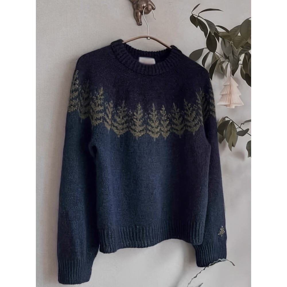 Women'S Cozy Fleece-Lined Christmas Tree Sweater - Navy Blue & Green Holiday Sweater with Soft Fleece Lining, Loose Fit Pullover for Fall/Winter, Casual & Formal Wear, Perfect for Home, Office, or Parties, Christmas Sweater
