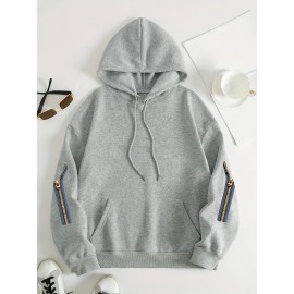 Plus Size Women's Cute Puppy Print Hoodie - Cozy Fleece-Lined Sweatshirt with Front Pocket & Drawstring Hood, Machine Washable Fall Winter Casual Fashion, Cute Hoodies, Autumn Apparel, Playful Design, Durable Zipper Detail