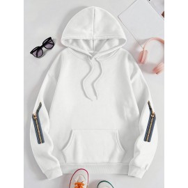 Plus Size Women's Cute Puppy Print Hoodie - Cozy Fleece-Lined Sweatshirt with Front Pocket & Drawstring Hood, Machine Washable Fall Winter Casual Fashion, Cute Hoodies, Autumn Apparel, Playful Design, Durable Zipper Detail