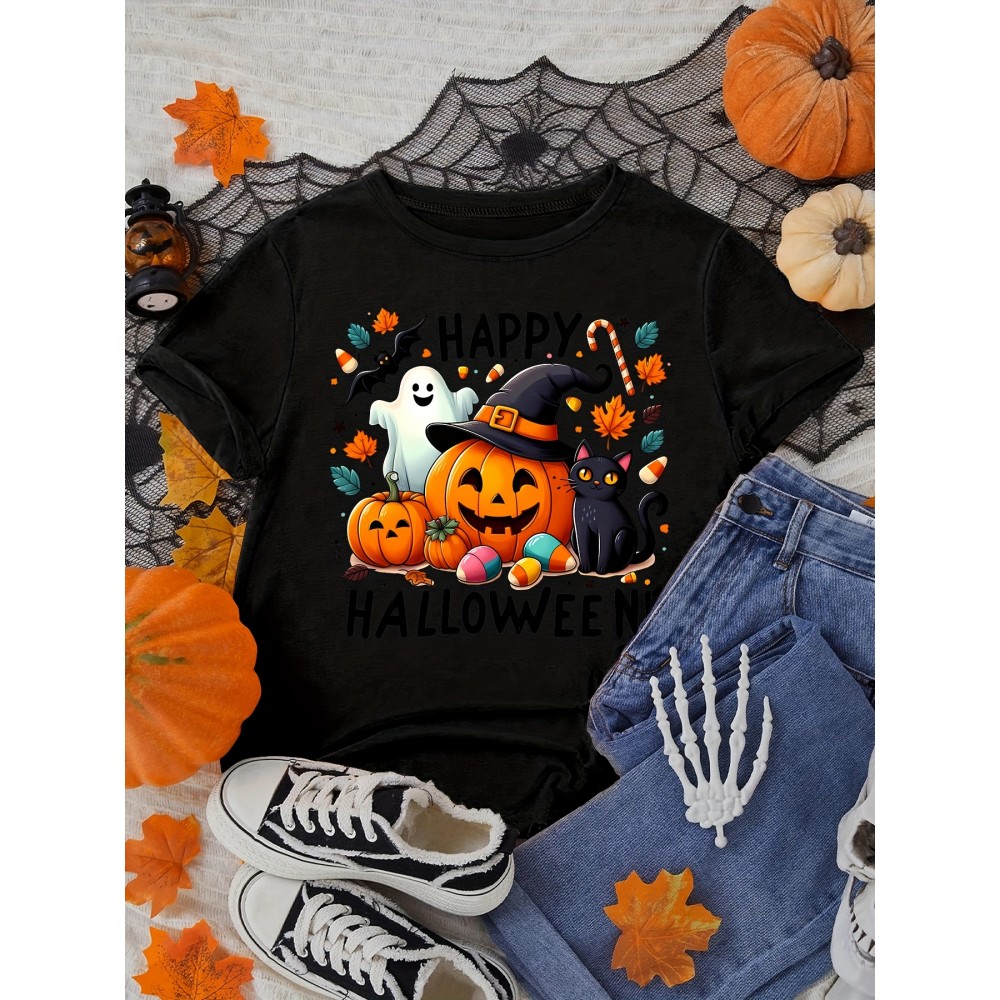 Halloween Women'S Plus Size T-Shirt - Spooky Pumpkin & Cat Graphic, Short Sleeve, Round Neck, Stretchy Polyester Blend, Casual & Elegant Style for Spring/Summer/Fall, Fall Fashion Top | Halloween Apparel | Stretchy Fabric