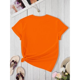 Halloween Women'S Plus Size T-Shirt - Spooky Pumpkin & Cat Graphic, Short Sleeve, Round Neck, Stretchy Polyester Blend, Casual & Elegant Style for Spring/Summer/Fall, Fall Fashion Top | Halloween Apparel | Stretchy Fabric
