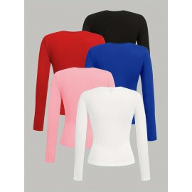 [5pcs Soft T-Shirts] 5pcs Plus Size Women's Soft Long Sleeve T-Shirts | Casual Round Neck Tops, Solid Color Basic Tees for Spring/Fall, Machine Washable | Black, Blue, White, Red, Pink, Ladies T Shirts, Seasonal Fashion, Simple Design, Comfortable Fit