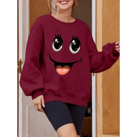 Plus Size Women's Loose Fit Long Sleeve Sweatshirt - Geometric Pattern Round Neck Casual Pullover, All-Season Soft Breathable Fabric, Machine Washable for Everyday Comfort, Comfortable Clothing, Playful Design, Easy Care Material