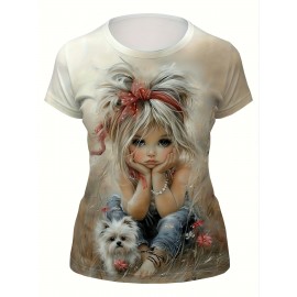 Plus Size Women's Round Neck Short Sleeve T-Shirt with Cute Little and White Dog Outdoor Pattern Print