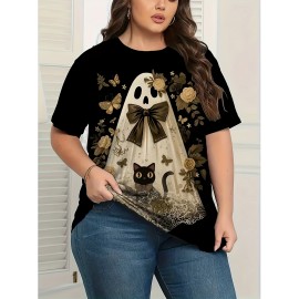 Plus Size - Plus Size - Women'S Plus Size Halloween T-Shirt - Cute Ghost & Pumpkin Print, Casual Crew Neck Short Sleeve Top, Medium Stretch, Non-Transparent, Machine Washable, Festive Summer Fashion, Halloween Apparel | Playful Print Top | Stretchy Fabric