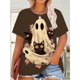 Plus Size - Plus Size - Women'S Plus Size Halloween T-Shirt - Cute Ghost & Pumpkin Print, Casual Crew Neck Short Sleeve Top, Medium Stretch, Non-Transparent, Machine Washable, Festive Summer Fashion, Halloween Apparel | Playful Print Top | Stretchy Fabric