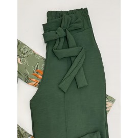 Summer, Off-Shoulder, Floral Print, Bow Tie, Green Summer Pants Set No Other Accessories