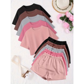 10pcs Women'S Spring Summer Casual Top and Pants Set Round Neck Short Sleeve T-Shirt + Comfortable Home Shorts -D10+K8-10pcs