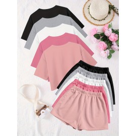 10pcs Women'S Spring Summer Casual Top and Pants Set Round Neck Short Sleeve T-Shirt + Comfortable Home Shorts -D10+K8-10pcs