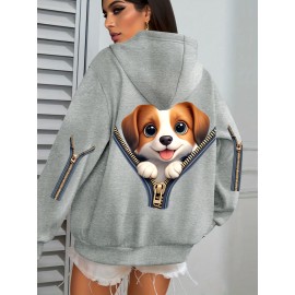 Plus Size Women's Cute Puppy Print Hoodie - Cozy Fleece-Lined Sweatshirt with Front Pocket & Drawstring Hood, Machine Washable Fall Winter Casual Fashion, Cute Hoodies, Autumn Apparel, Playful Design, Durable Zipper Detail