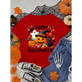 Halloween Women'S Plus Size T-Shirt - Spooky Pumpkin & Cat Graphic, Short Sleeve, Round Neck, Stretchy Polyester Blend, Casual & Elegant Style for Spring/Summer/Fall, Fall Fashion Top | Halloween Apparel | Stretchy Fabric