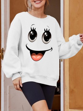 Plus Size Women's Loose Fit Long Sleeve Sweatshirt - Geometric Pattern Round Neck Casual Pullover, All-Season Soft Breathable Fabric, Machine Washable for Everyday Comfort, Comfortable Clothing, Playful Design, Easy Care Material