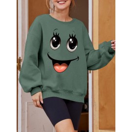 Plus Size Women's Loose Fit Long Sleeve Sweatshirt - Geometric Pattern Round Neck Casual Pullover, All-Season Soft Breathable Fabric, Machine Washable for Everyday Comfort, Comfortable Clothing, Playful Design, Easy Care Material