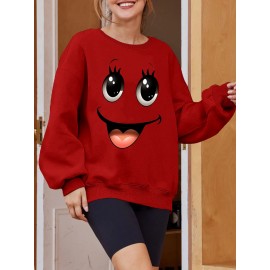 Plus Size Women's Loose Fit Long Sleeve Sweatshirt - Geometric Pattern Round Neck Casual Pullover, All-Season Soft Breathable Fabric, Machine Washable for Everyday Comfort, Comfortable Clothing, Playful Design, Easy Care Material