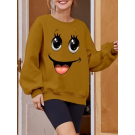 Plus Size Women's Loose Fit Long Sleeve Sweatshirt - Geometric Pattern Round Neck Casual Pullover, All-Season Soft Breathable Fabric, Machine Washable for Everyday Comfort, Comfortable Clothing, Playful Design, Easy Care Material