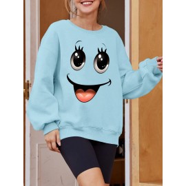 Plus Size Women's Loose Fit Long Sleeve Sweatshirt - Geometric Pattern Round Neck Casual Pullover, All-Season Soft Breathable Fabric, Machine Washable for Everyday Comfort, Comfortable Clothing, Playful Design, Easy Care Material