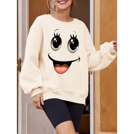 Plus Size Women's Loose Fit Long Sleeve Sweatshirt - Geometric Pattern Round Neck Casual Pullover, All-Season Soft Breathable Fabric, Machine Washable for Everyday Comfort, Comfortable Clothing, Playful Design, Easy Care Material