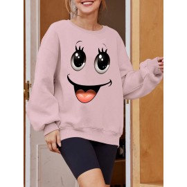 Plus Size Women's Loose Fit Long Sleeve Sweatshirt - Geometric Pattern Round Neck Casual Pullover, All-Season Soft Breathable Fabric, Machine Washable for Everyday Comfort, Comfortable Clothing, Playful Design, Easy Care Material