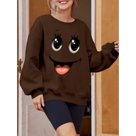 Plus Size Women's Loose Fit Long Sleeve Sweatshirt - Geometric Pattern Round Neck Casual Pullover, All-Season Soft Breathable Fabric, Machine Washable for Everyday Comfort, Comfortable Clothing, Playful Design, Easy Care Material