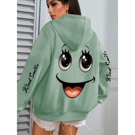 Plus Size smiling face Print Hoodie, Casual Fashion Sweatshirt, Hooded Pocket Drawstring Sweatshirt for Fall & Winter, Women's Clothing