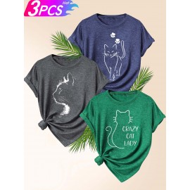 3pcs Women'S Retro Graphic T-Shirt Set - 