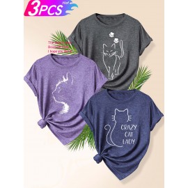 3pcs Women'S Retro Graphic T-Shirt Set - 