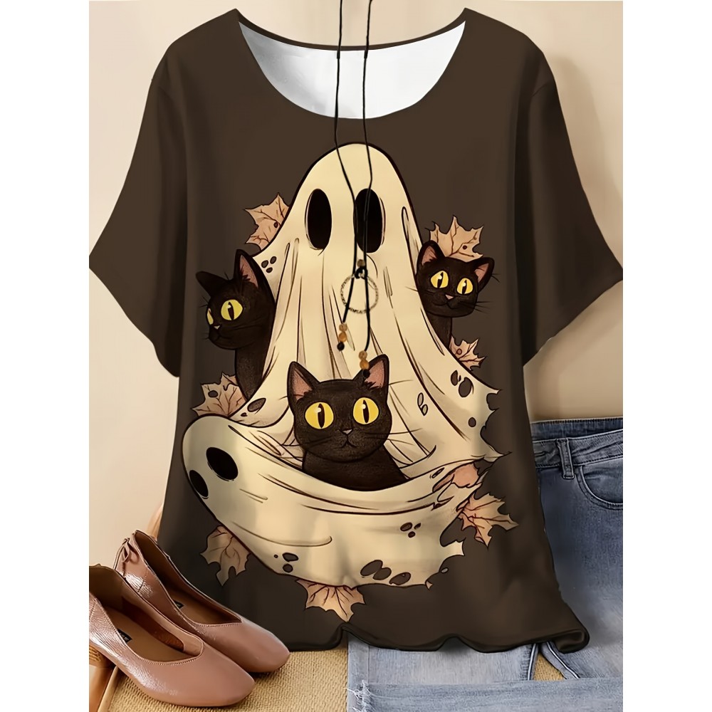 Plus Size - Plus Size - Women'S Plus Size Halloween T-Shirt - Cute Ghost & Pumpkin Print, Casual Crew Neck Short Sleeve Top, Medium Stretch, Non-Transparent, Machine Washable, Festive Summer Fashion, Halloween Apparel | Playful Print Top | Stretchy Fabric