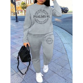 Letter Print Two Piece Set, Crew Neck Sweatshirt & Pants, Women's Clothing