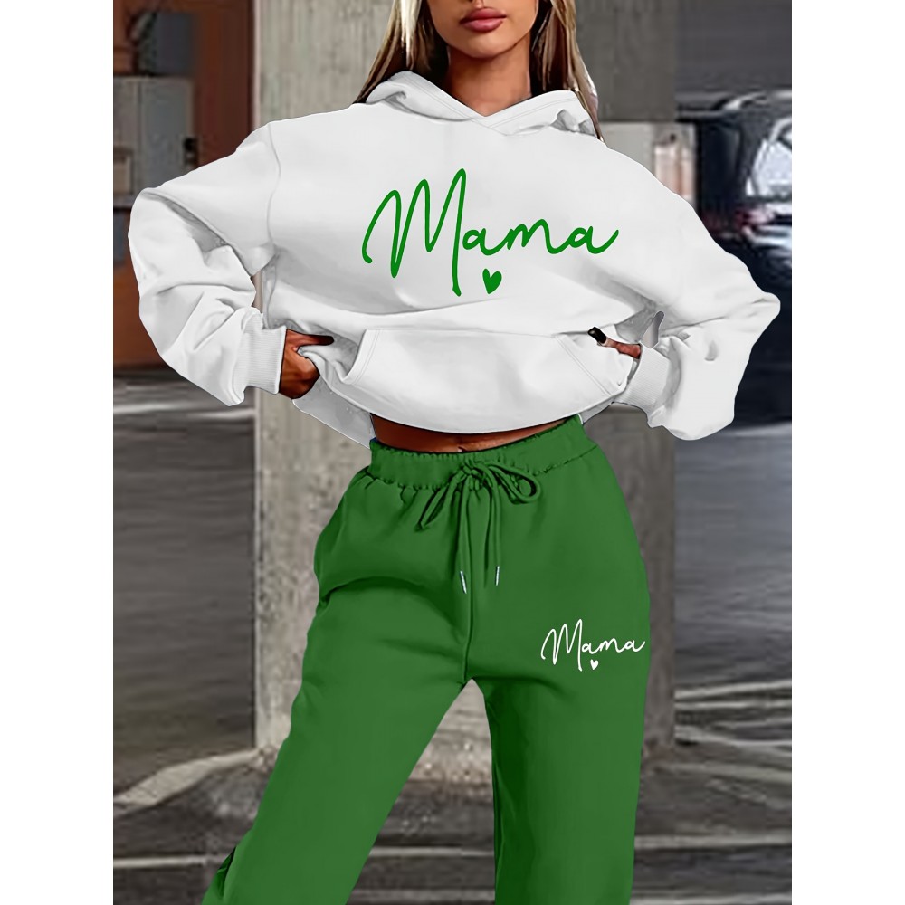 Women's Mother's Day Fashion Casual Sporty Mama Letter Heart Print Set, Premium Autumn/Winter Trendy Youthful Fleece Hoodie and Jogger Pants Two-Piece Outfit, Versatile Hooded Suit, Women's Clothing, Gift Choice
